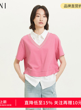 SANI商场同款2026秋季翻领假两件拼接简约百搭通勤短袖T恤女