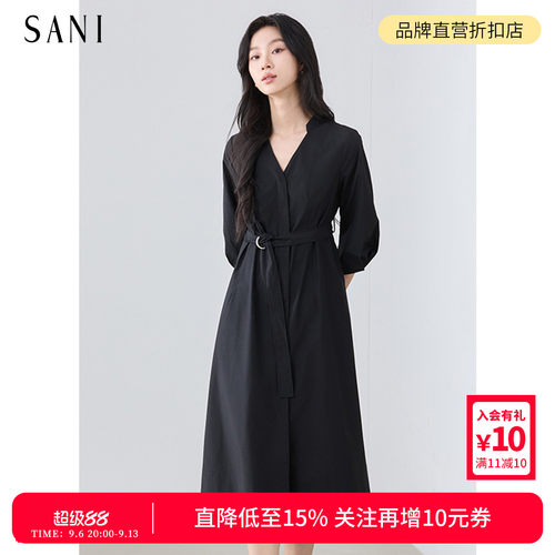 气质配腰带收腰显瘦V领连衣裙女