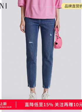 SANI奥莱特卖商场同款96.9棉破洞水洗牛仔裤显瘦休闲长裤子女春季