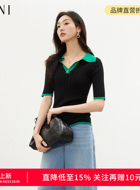 SANI商场同款含莱赛尔天丝2026秋季复古撞色正肩翻领套头针织衫女
