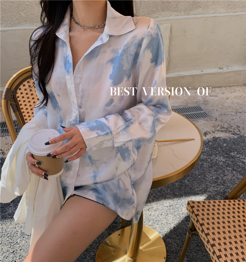 Real price ~ Hong Kong Style high-grade section surface gradual change dyeing thin loose shirt + high waist floral wrap skirt