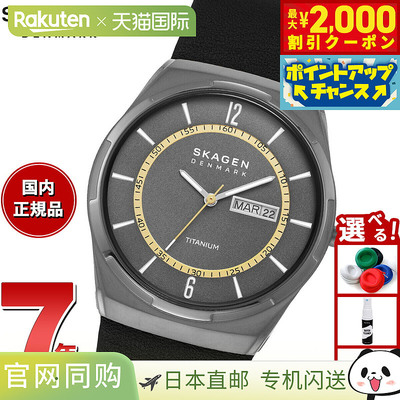 日本直邮Skagen 男士 Melbye 钛金属手表星期/日期黑色皮革SKW690