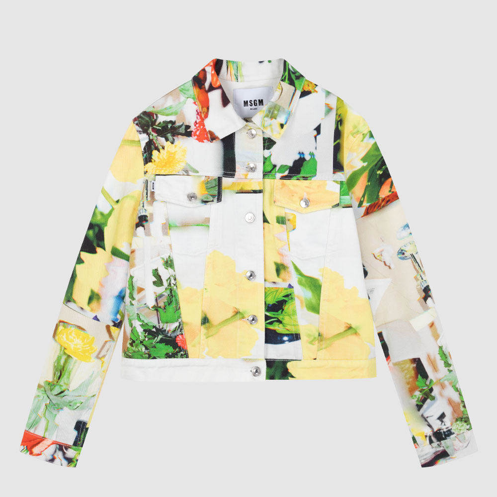 现货MSGM春季新品系扣翻领女士个性印花时尚休闲短款牛仔夹克外套