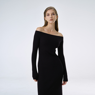 针织连衣裙 性感长袖 INSPIRE&STORIES 黑色一字领长裙休闲秋冬修身