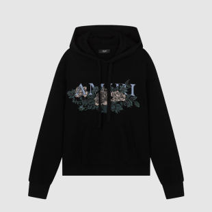 连帽卫衣 简约休闲连帽衫 现货AMIRI秋冬新品 logo花卉织花抽绳男士