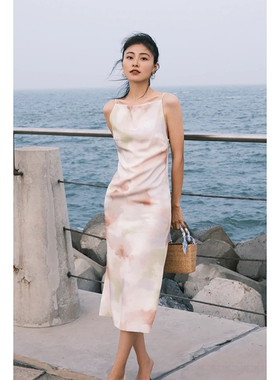 INSPIRE&STORIES 法式印花吊带连衣裙女时尚露背显瘦海边度假长裙