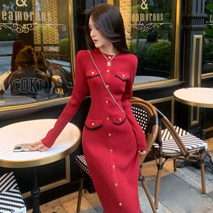 韩国小香风圣诞婚礼敬酒红色针织孕妇毛衣连衣裙女秋冬内搭打底裙