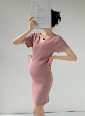 孕妇裙子夏季V领修身显瘦弹力夏装薄款小个子紧身性感针织连衣裙