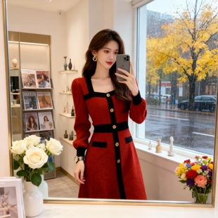 秋冬韩国轻奢名媛风圣诞红色针织毛衣孕妇连衣裙女小香风打底长裙