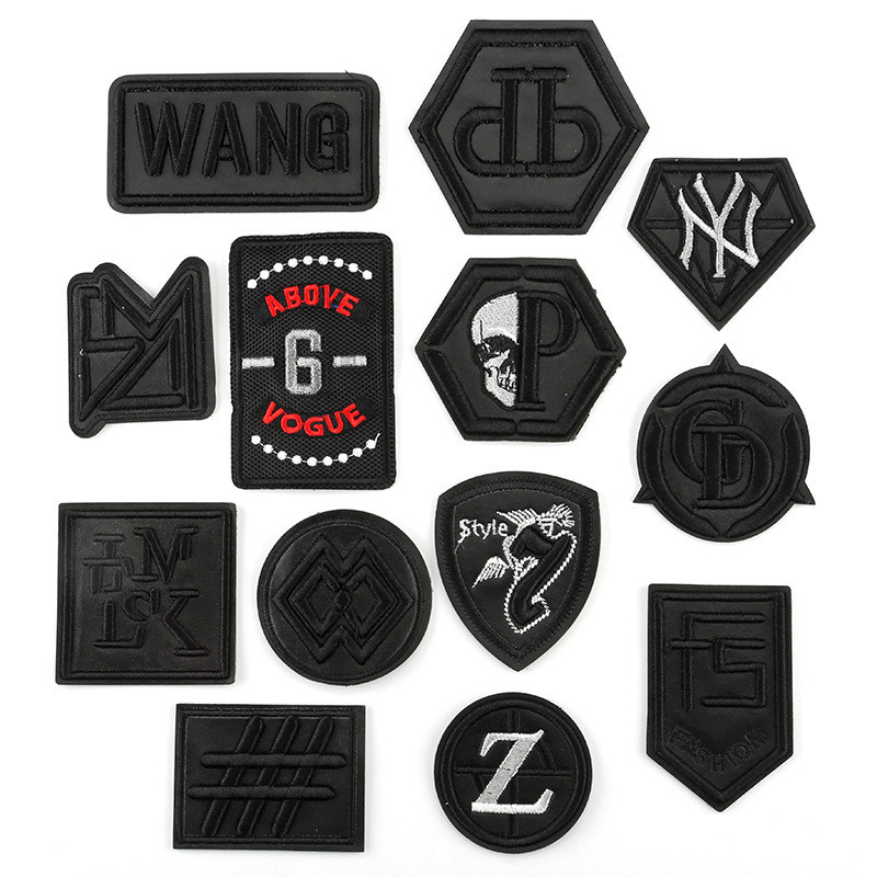 黑色立体凸绣花章刺绣布贴衣服装饰补丁贴皮革PU男皮衣修补洞贴花