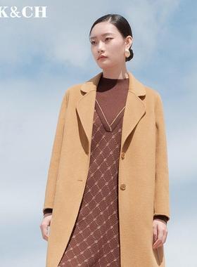K&CH纤牌女装\双面呢绵羊毛气质系带中长款毛呢大衣冬8422C166J1