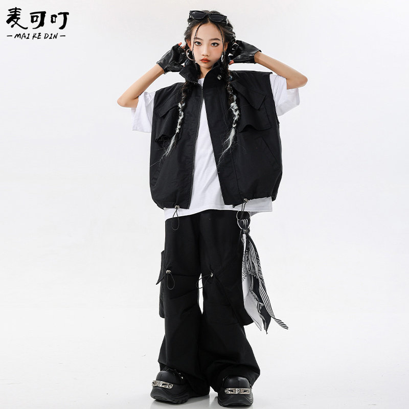 女童街舞潮服嘻哈儿童黑色马甲表演服套装hiphop酷帅女孩演出服装