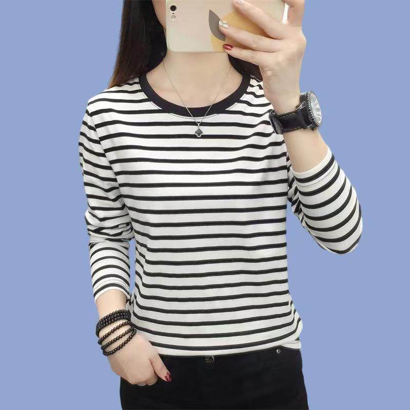 减龄妈妈减龄条纹纯棉长袖t恤女打底衫胖mm洋气宽松遮肉圆领上衣,女装/女士精品,T恤,淘宝优惠券,粉丝福利购,淘宝优惠卷