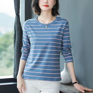 圆领纯棉洋气条纹长袖 大码 t恤女春秋遮肚子减龄中年宽松胖mm上衣
