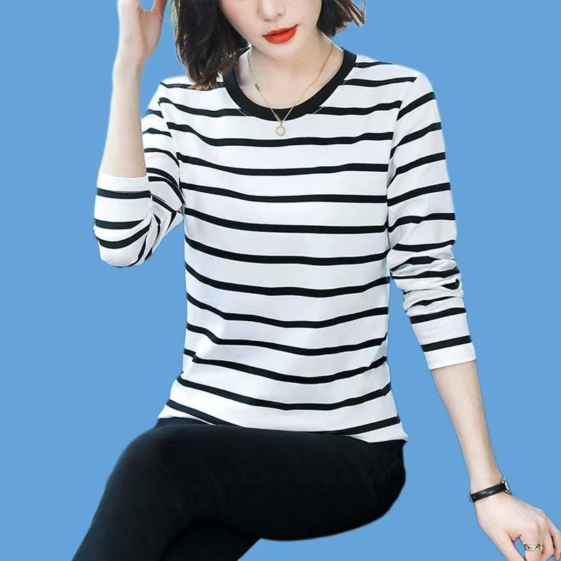 中年圆领遮肚纯棉长袖T恤女士春秋新款大码宽松内搭条纹打底上衣,女装/女士精品,大码内搭,淘宝优惠券,粉丝福利购,淘宝优惠卷