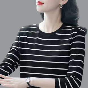 春秋大码 中年纯棉洋气条纹长袖 t恤女胖mm宽松上衣圆领遮肚打底衫