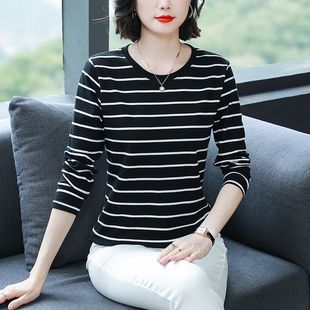 大码 中年纯棉圆领条纹长袖 t恤上衣女春秋胖mm宽松遮肚洋气打底衫