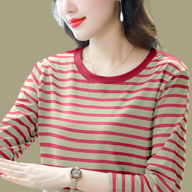 条纹新款圆领遮肚纯棉长袖T恤女春秋大码宽松显瘦内搭打底衫上衣