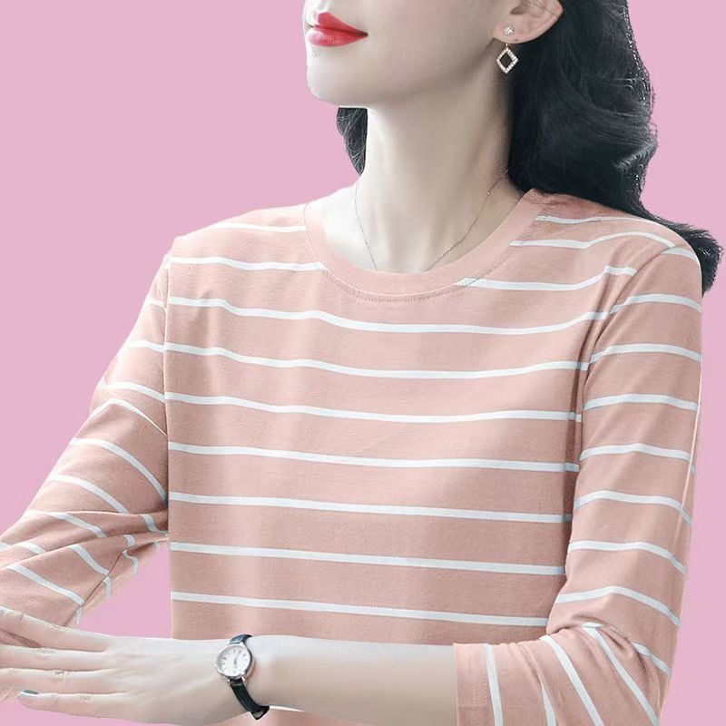 纯棉大码遮肚子条纹长袖T恤女春秋新款中年妈妈显瘦洋气打底上衣