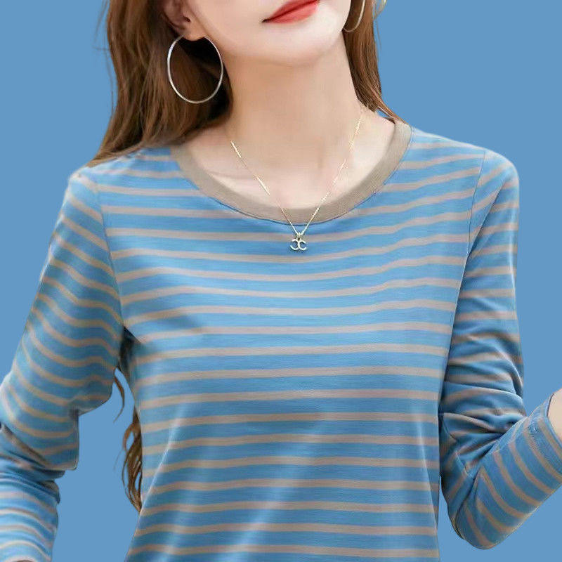 条纹中年圆领遮肚纯棉长袖T恤女士新款大码宽松内搭显瘦打底上衣,女装/女士精品,大码内搭,淘宝优惠券,粉丝福利购,淘宝优惠卷