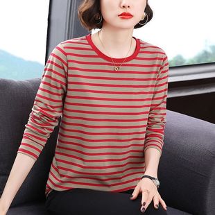 大码 中年妈妈纯棉圆领条纹长袖 T恤女遮肚洋气减龄上衣薄款 打底衫