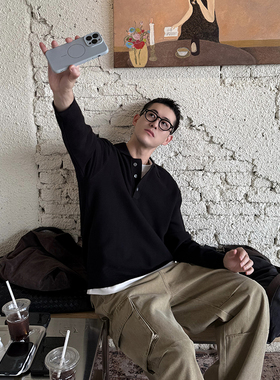 Nick Tian 厚款亨利领翻领黑色毛衣男秋冬新款韩版极简风宽松休闲