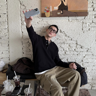 韩版 Nick 亨利领翻领黑色毛衣男秋冬新款 厚款 极简风宽松休闲 Tian