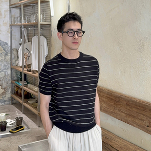 Nick Tian 薄款冰丝条纹针织衫短袖T恤男夏季新款老钱风宽松休闲