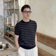 Tian T恤男夏季 薄款 Nick 冰丝条纹针织衫 短袖 新款 老钱风宽松休闲