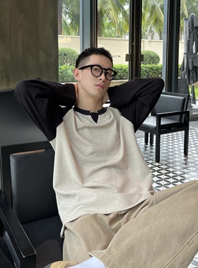 nick tian 秋冬韩系简约拼色插肩长袖T恤男纹路肌理感宽松打底衫