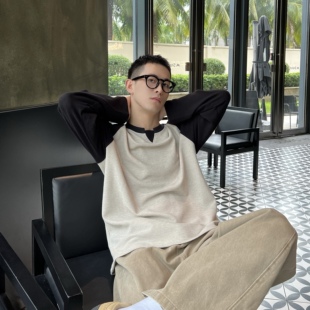 T恤男纹路肌理感宽松打底衫 秋冬韩系简约拼色插肩长袖 tian nick