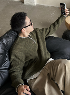 Nick Tian 绿色亨利领毛衣男秋冬新款韩版简约宽松休闲针织衫上衣