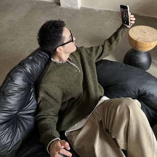 简约宽松休闲针织衫 Nick 韩版 绿色亨利领毛衣男秋冬新款 上衣 Tian