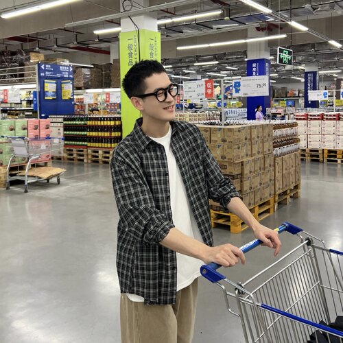 nicktian美式复古短袖格子衬衫