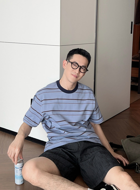 Nick Tian 蓝色休闲风条纹短袖T恤男夏季新款潮流舒适圆领上衣