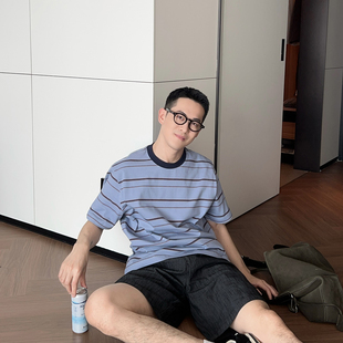 T恤男夏季 Nick Tian 蓝色休闲风条纹短袖 潮流舒适圆领上衣 新款