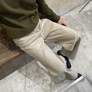 百搭长裤 Nick 男新款 早春老钱风半松紧腰浅色小直筒休闲裤 子 Tian