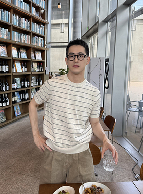 Nick Tian 极简老钱风细条纹冰丝针织短袖T恤男夏季新款小众休闲