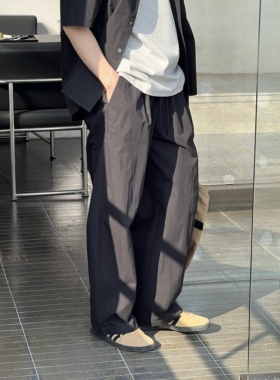 Nick Tian 韩系休闲风黑色轻薄沙滩裤透气清凉防晒裤松紧腰长裤