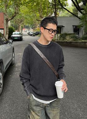 Nick Tian 秋冬新款韩版黑色水洗毛衣男休闲内搭圆领竖条纹针织衫