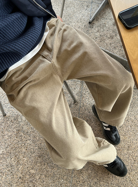 Nick Tian 卡其色半松紧腰休闲裤男新款通勤高腰显瘦阔腿直筒裤子