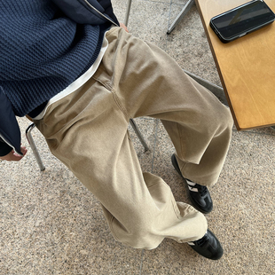 Nick Tian 卡其色半松紧腰休闲裤男新款通勤高腰显瘦阔腿直筒裤子