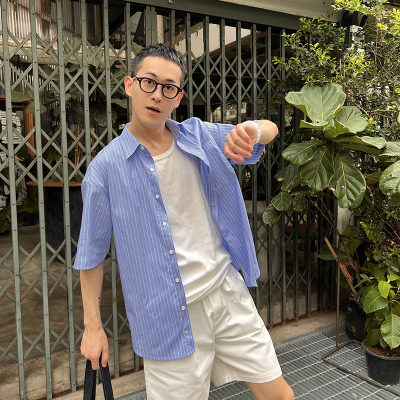 NickTian蓝色条纹短袖衬衫衬衣