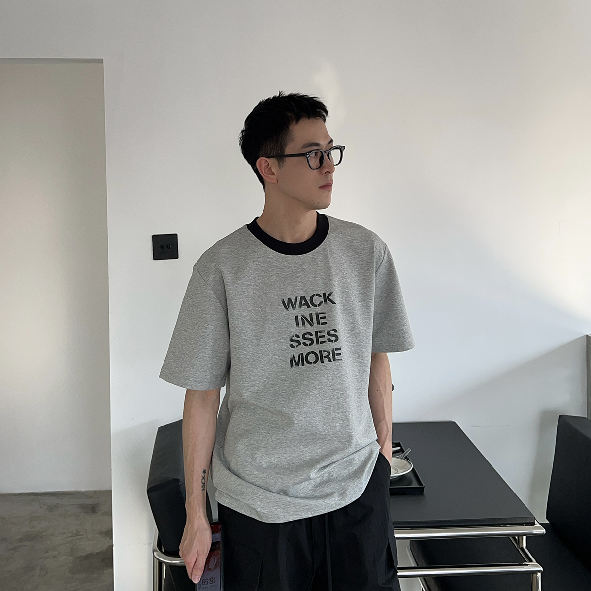 Nick Tian 美式休闲拼色领子字母印花短袖T恤男小众设计百搭上衣