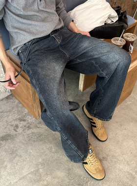 Nick Tian 水洗显瘦直筒牛仔裤男秋冬新款深蓝色高腰休闲风长裤