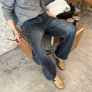 深蓝色高腰休闲风长裤 Nick 男秋冬新款 水洗显瘦直筒牛仔裤 Tian