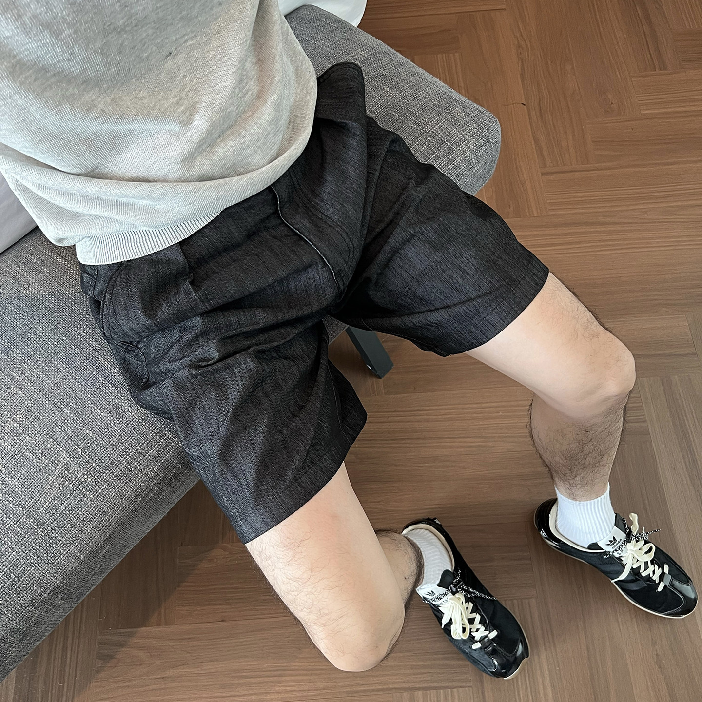 Nick Tian 老钱风极简纯色半松紧腰牛仔短裤男夏季休闲宽松直筒裤