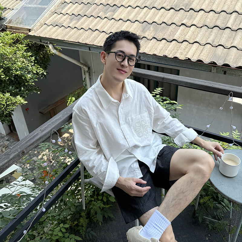 Nick Tian 镂空口袋薄款白色亚麻防晒长袖衬衫男夏季新款简约休闲