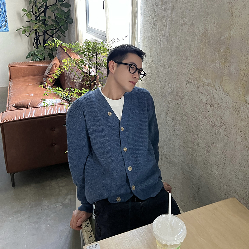 Nick Tian 蓝色厚毛衣开衫外套男秋冬新款韩版简约宽松休闲舒适