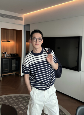 Nick Tian 极简老钱风条纹冰丝针织短袖男新款宽松休闲圆领T恤